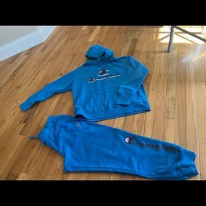 Womens blue champion sweatshirt and jogger matching set size medium